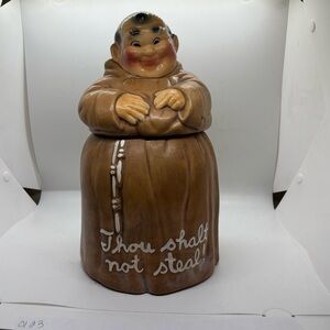 Vintage Twin Winton Cookie Jar Tan Monk Figurine with Playful Inscription 